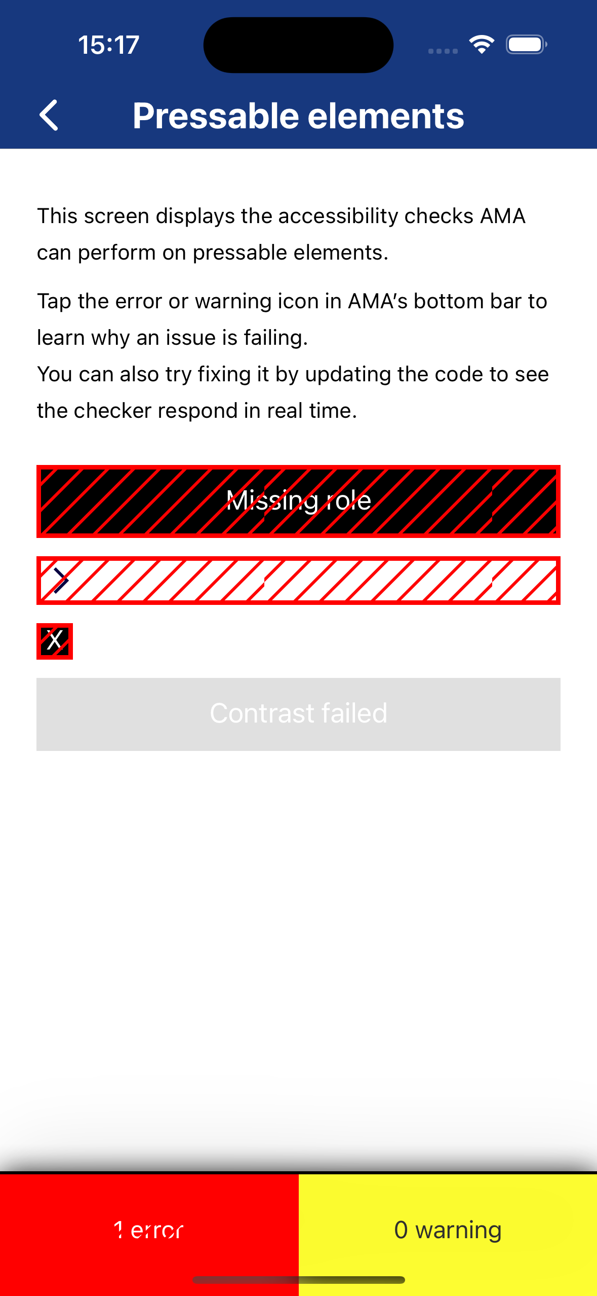 AMA flags multiple accessibility issues in real time, including missing roles and contrast failures, and visually marks each element with severity indicators to guide developers toward immediate fixes.