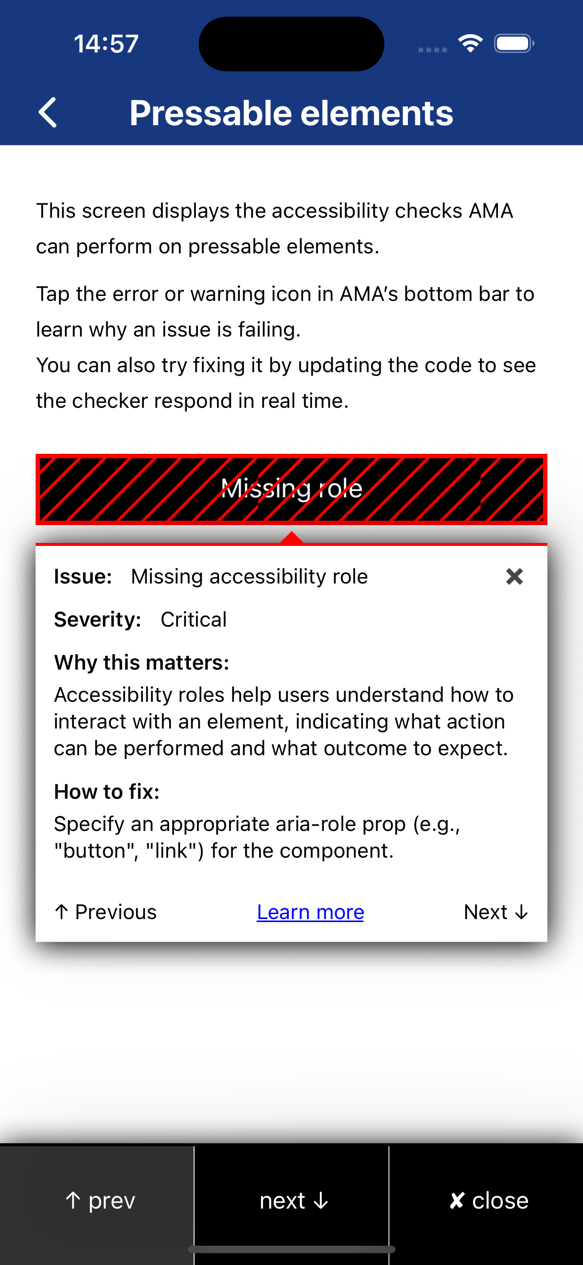 AMA’s real-time accessibility checker detecting a missing role on a pressable element, with detailed guidance, severity level, and direct links to related guidelines.